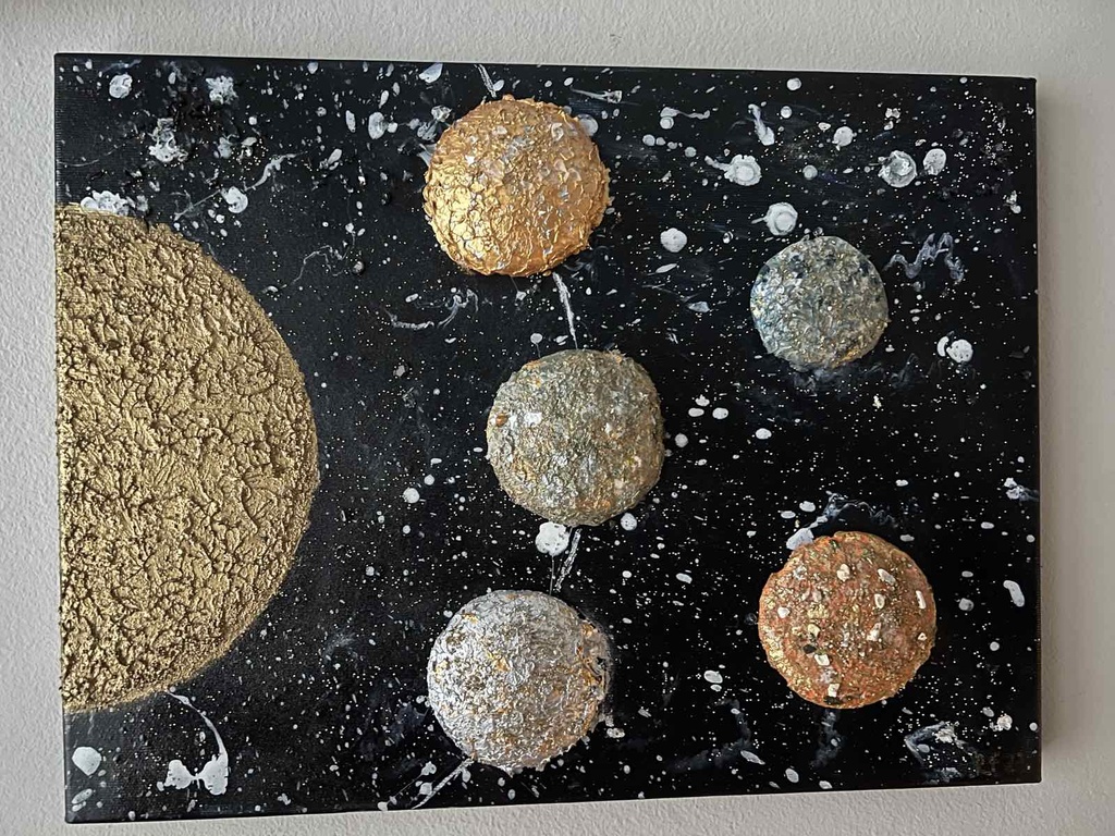 "Вселена" абстрактна картина с акрилни бои, смесена техника на платно с подрамка 40х30 см 