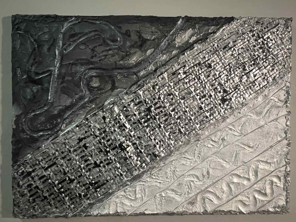 "Зимен път" абстрактна картина с акрилни бои, смесена техника на платно с подрамка 70х50 см