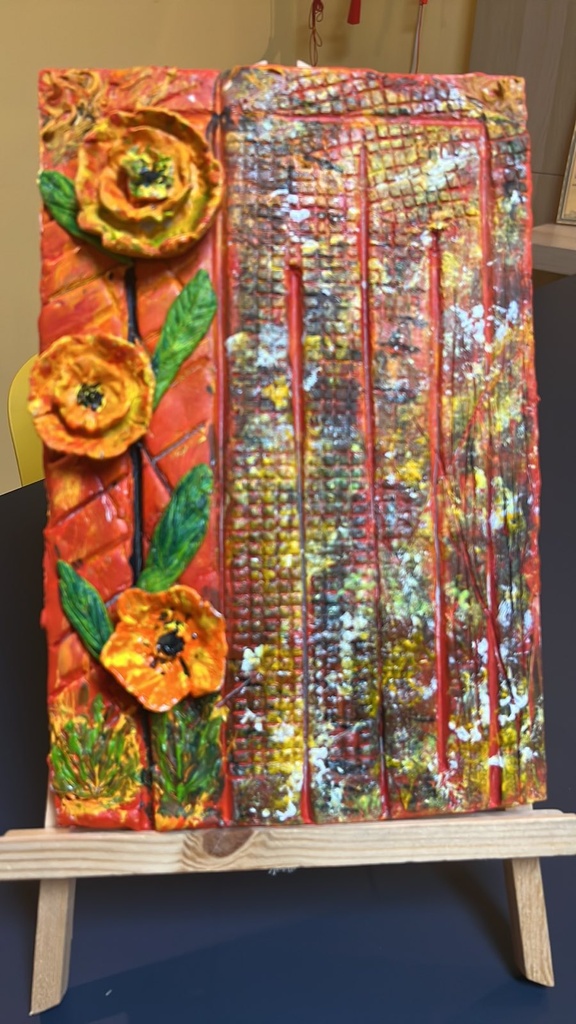 "Пролетни цветя" декорация за стена, керамика върху дървена основа 24х18 см, (копие)