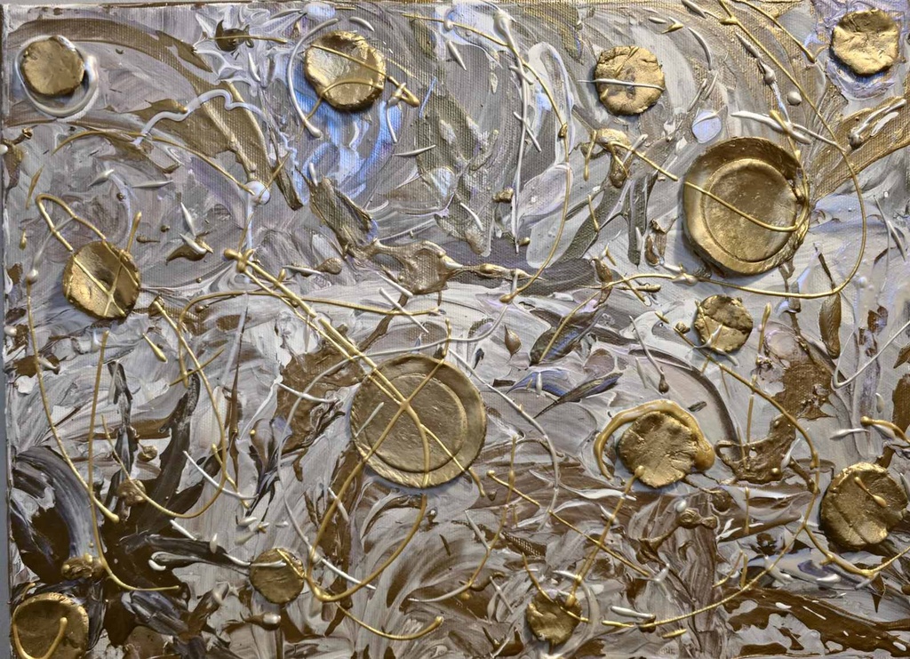 "Снежна приказка" абстрактна картина с акрилни бои, смесена техника на платно с подрамка 40х30 см