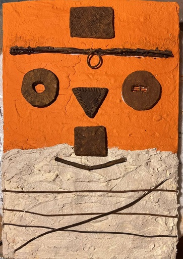 [RFA102] "Kuker" wall decoration, mixed media on wooden base 24x18 cm