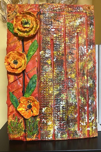 [RFA103] "Spring flowers" wall decoration, ceramics on a wooden base 30x20 cm
