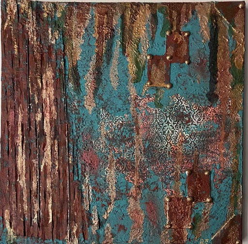 [RFA41] "Golden rain" abstract painting with acrylic paints, mixed media on canvas with subframe 40x40 cm